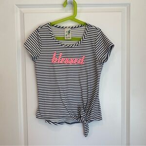 Flip Sequin “Blessed” Short Sleeve T-Shirt - Navy Blue/White stripes - Girls 14